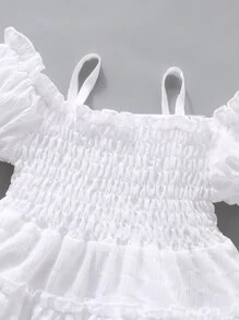 SHEIN Young Girl Cold Shoulder Shirred A-Line Dress - White - View 3