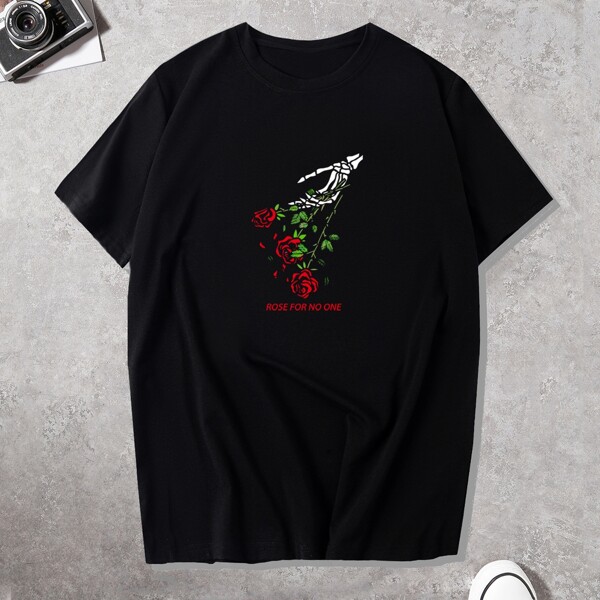 

Men Skeleton Hand And Rose Print Tee, Black