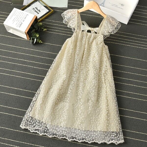 

Girls Tie Back Embroidery Plants Mesh Dress, Apricot