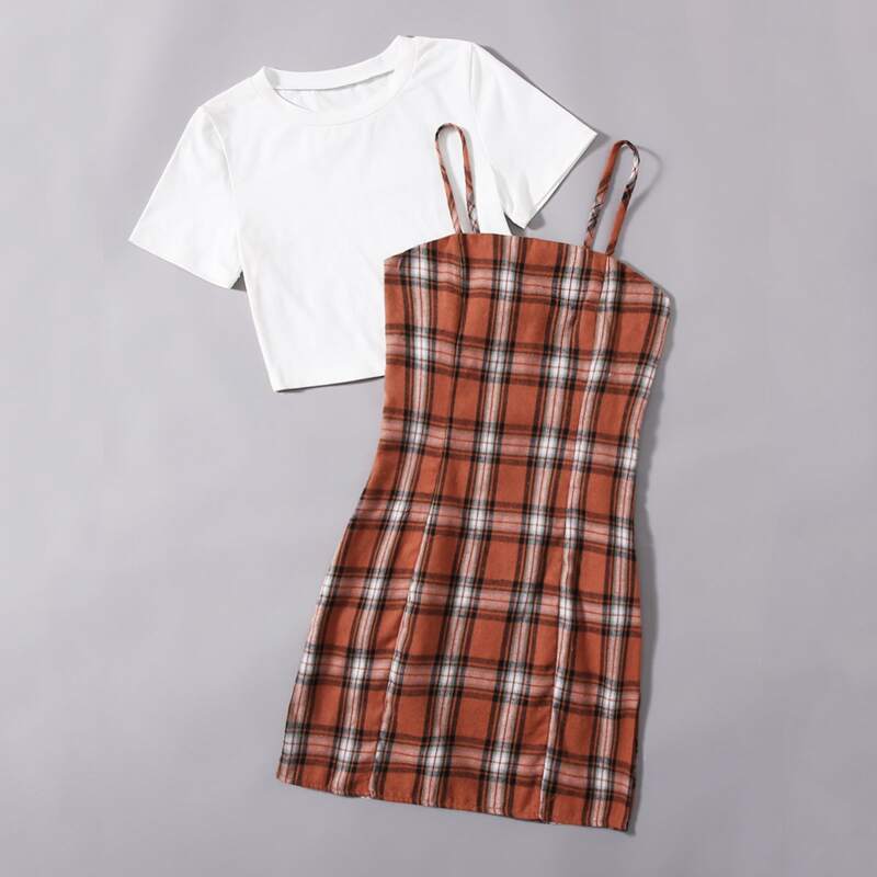 

Solid Crop Tee & Plaid Cami Dress, Multicolor