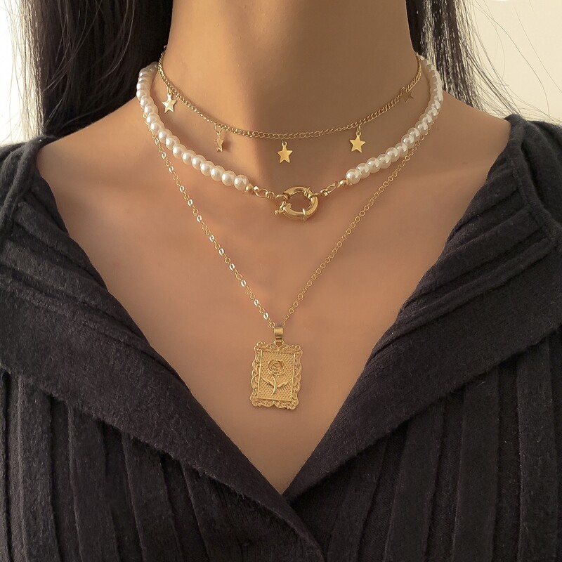 

3pcs Flower & Star Decor Necklace, Gold