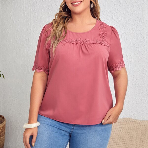 

Plus Contrast Lace Puff Sleeve Blouse, Pink