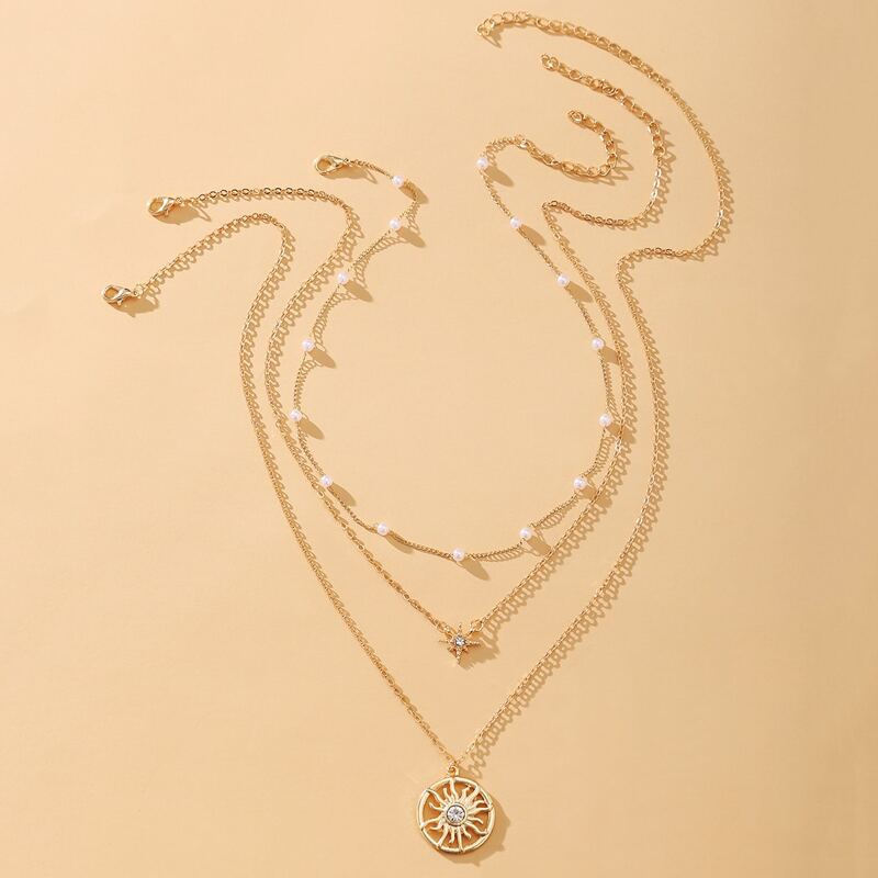 

3pcs Rhinestone Sun Necklace, Gold