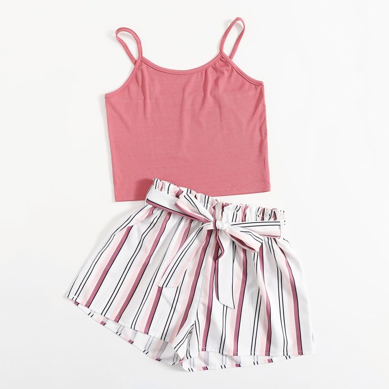 

Solid Crop Cami & Striped Belted Shorts, Multicolor