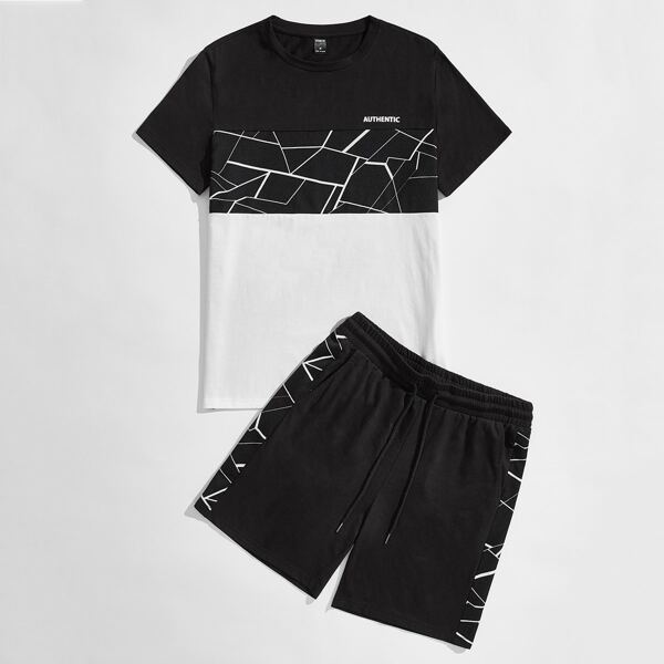 

Men Geo Print Colorblock Tee And Shorts Set, Black and white