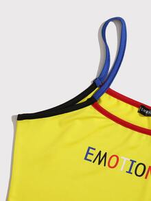 Top de tirantes unido en contraste con estampado de letra - Amarillo - Ver 5