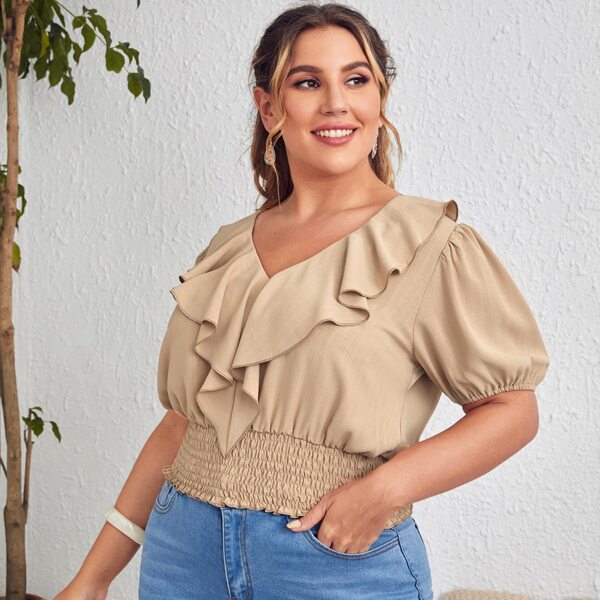 

Plus Ruffle Trim Shirred Waist Blouse, Khaki