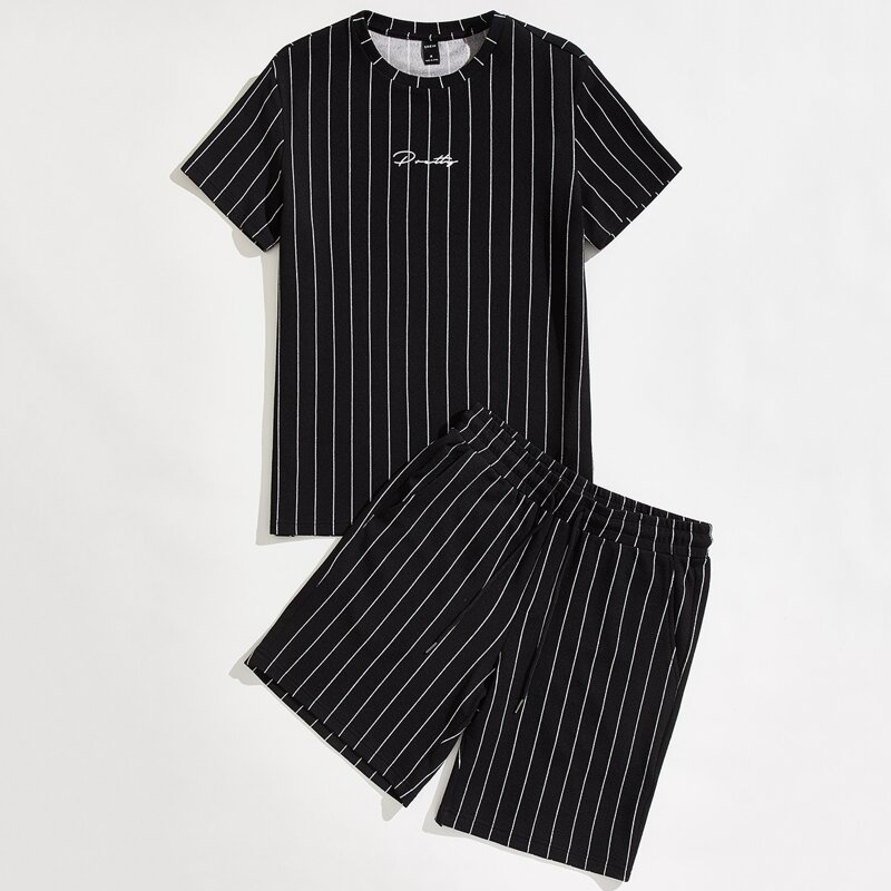 

Guys Letter Graphic Striped Tee And Shorts Set, Black