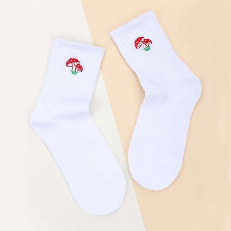 

Mushroom Embroidery Crew Socks, White