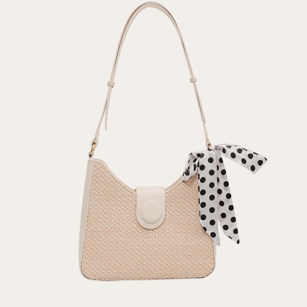 

Twilly Scarf Decor Straw Hobo Bag, Beige