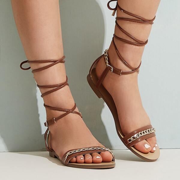 

Chain Decor Tie Leg Sandals, Camel
