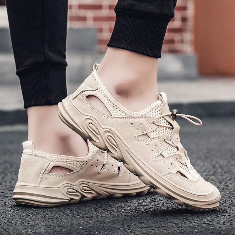 

Guys Hollow Out Lace Up Decor Sandals, Beige