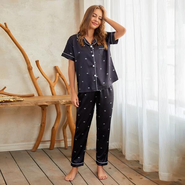 

Notch Collar Binding Trim Satin Blouse and Pants PJ Set, Black