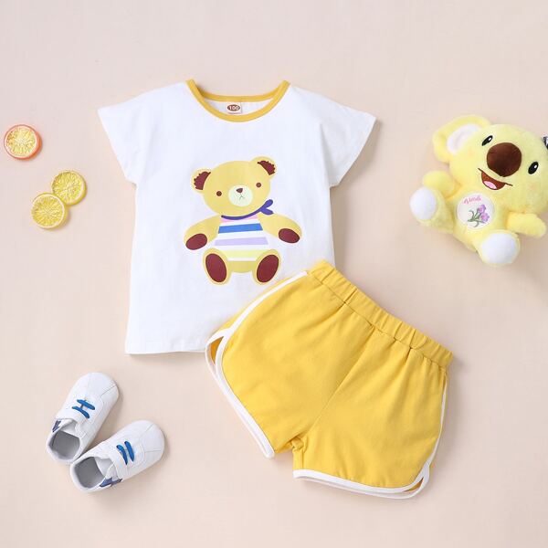 

Toddler Girls Cartoon Bear Print Tee With Track Shorts, Yellow