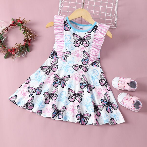 

Toddler Girls Butterfly Print Ruffle Trim Dress, Pink