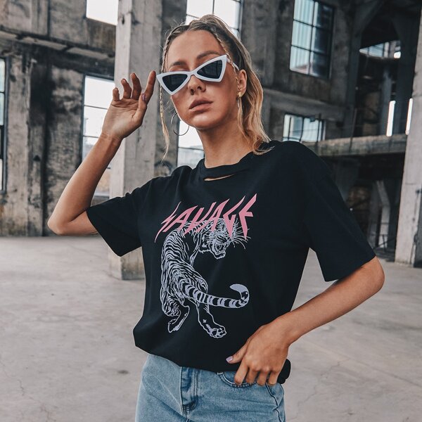 

Tiger And Letter Graphic Tee, Black