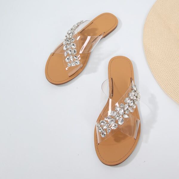 

Clear Rhinestone Decor Slide Sandals, Khaki