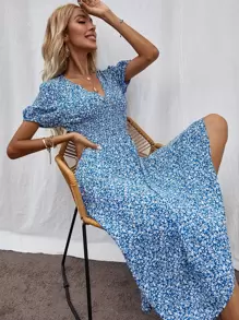 Đầm Dải chun Họa tiết hoa Boho - Màu xanh lam - Xem 1