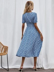 Đầm Dải chun Họa tiết hoa Boho - Màu xanh lam - Xem 2