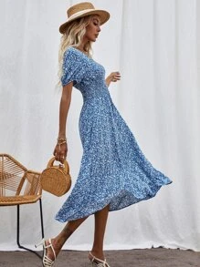 Đầm Dải chun Họa tiết hoa Boho - Màu xanh lam - Xem 3