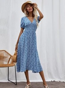 Đầm Dải chun Họa tiết hoa Boho - Màu xanh lam - Xem 4