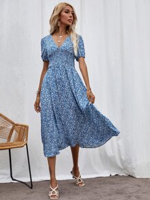 Đầm Dải chun Họa tiết hoa Boho - Màu xanh lam - Xem 6