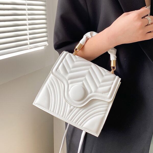

Quilted Flap Ruched Handle Satchel Bag, White