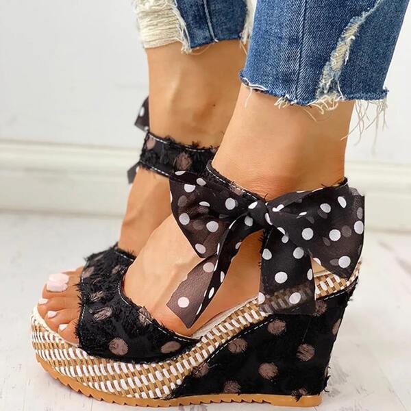 

Polka Dot Bow Decor Wedge Sandals, Black and white