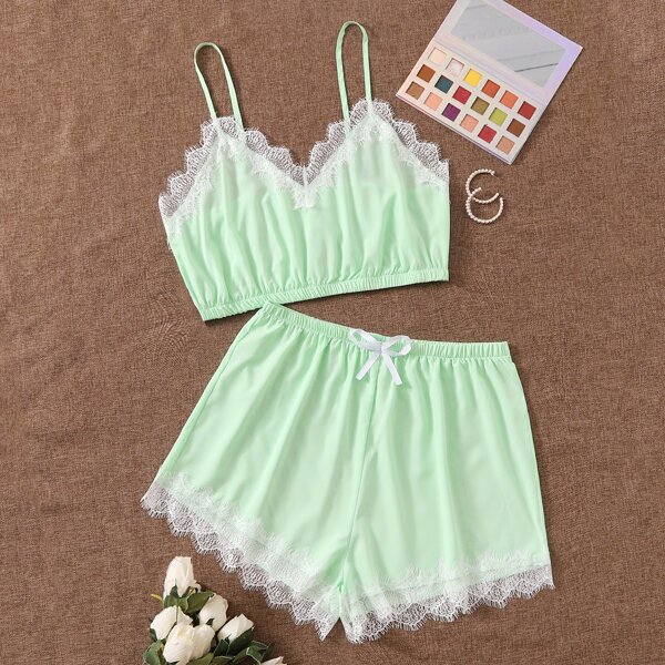 

Plus Contrast Lace Bow Front PJ Set, Mint green