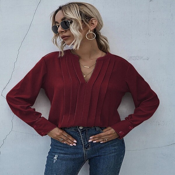 

Notched Neck Pleated Decoration Blouse, Burgundy