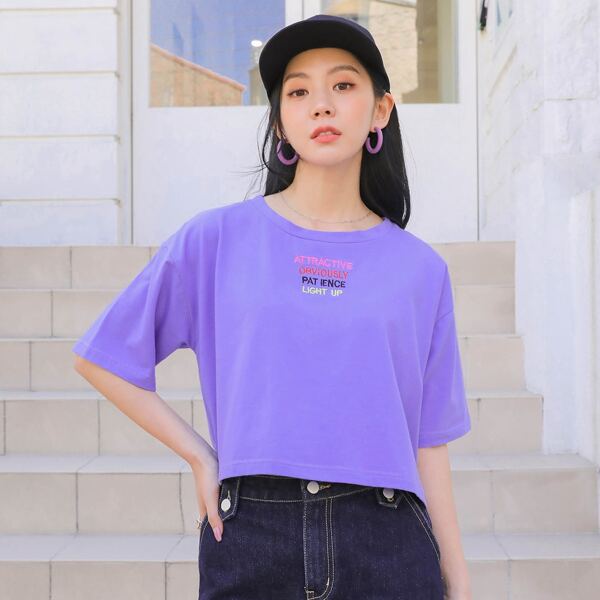 

Letter Embroidery Drop Shoulder Tee, Purple