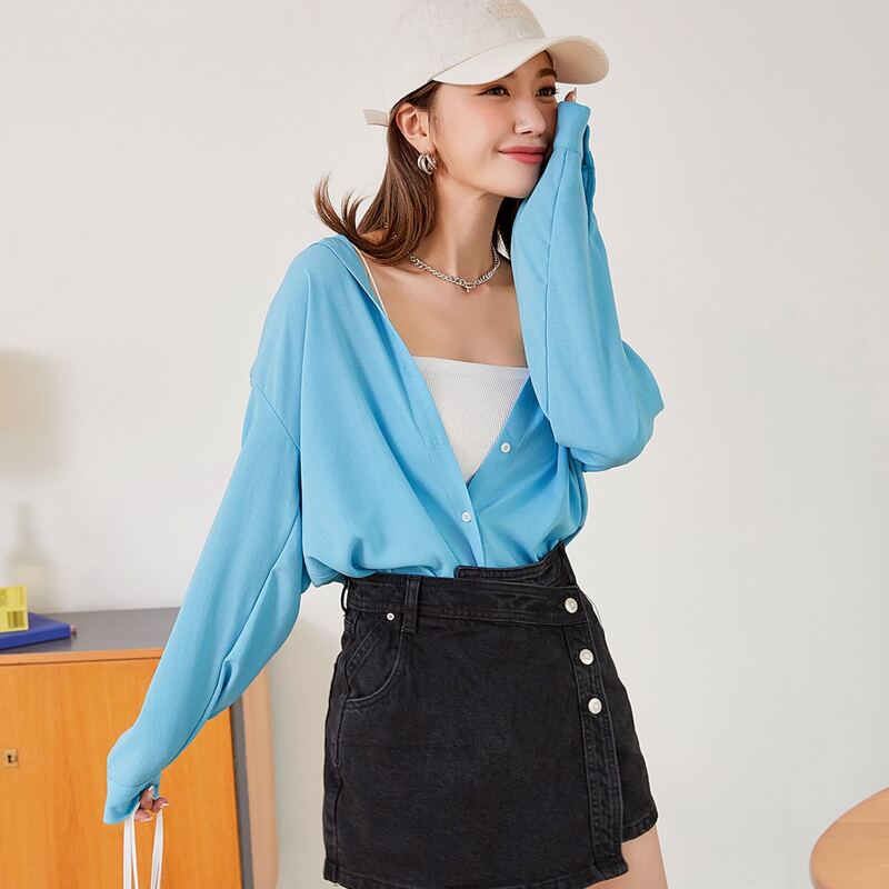 

Solid Button Up Longline Blouse, Mint blue