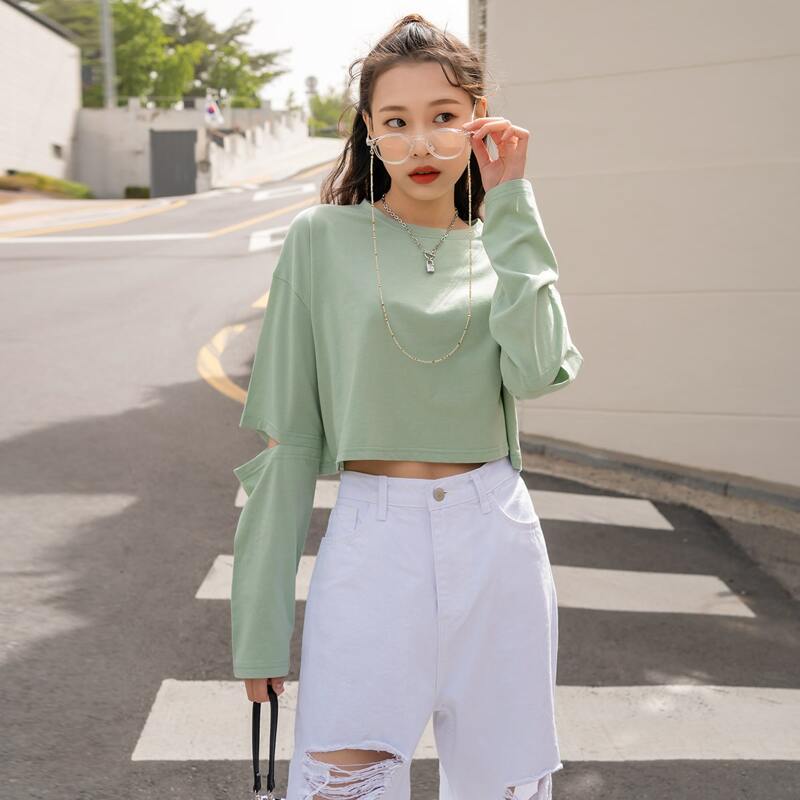 

Solid Cut Out Sleeve Crop Tee, Green