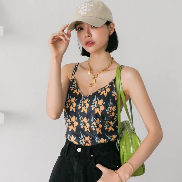 

Allover Floral Print Cami Top, Black