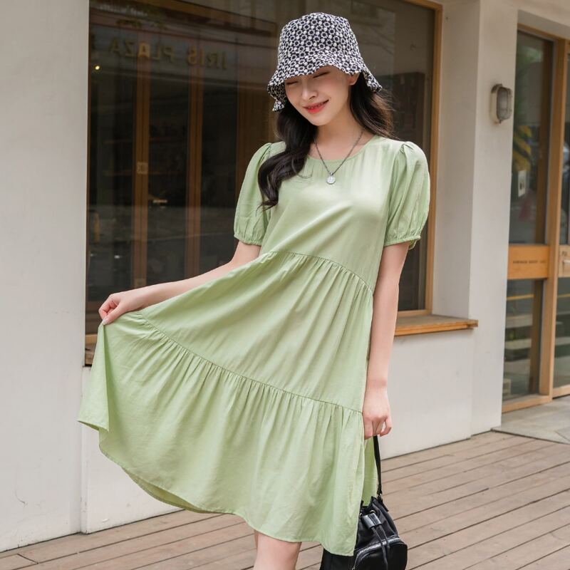 

Solid Keyhole Back Babydoll Dress, Lime green