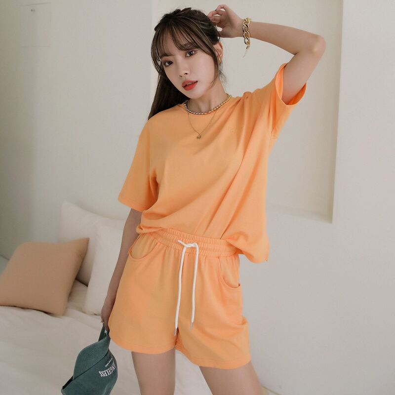 

Letter Embroidery Tee & Drawstring Shorts, Orange