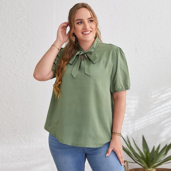 

Plus Polka Dot Tie Neck Blouse, Green