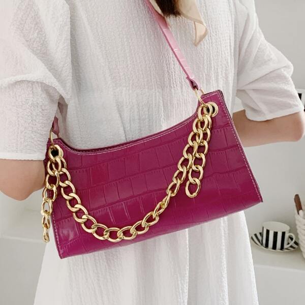 

Croc Embossed Chain Decor Shoulder Bag, Purple