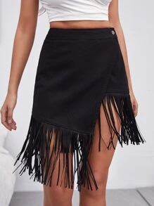 不對稱下擺流蘇邊圍裹牛仔半身裙 - 黑色 - 查看 1