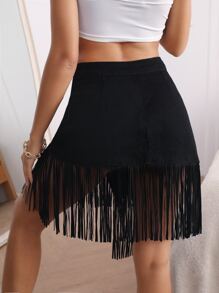 不對稱下擺流蘇邊圍裹牛仔半身裙 - 黑色 - 查看 2