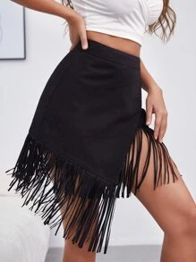 不對稱下擺流蘇邊圍裹牛仔半身裙 - 黑色 - 查看 3
