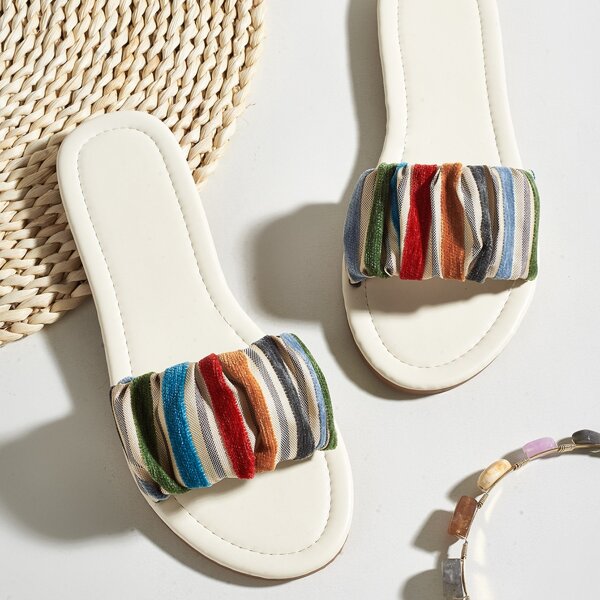 

Striped Pattern Ruched Slide Sandals, Multicolor