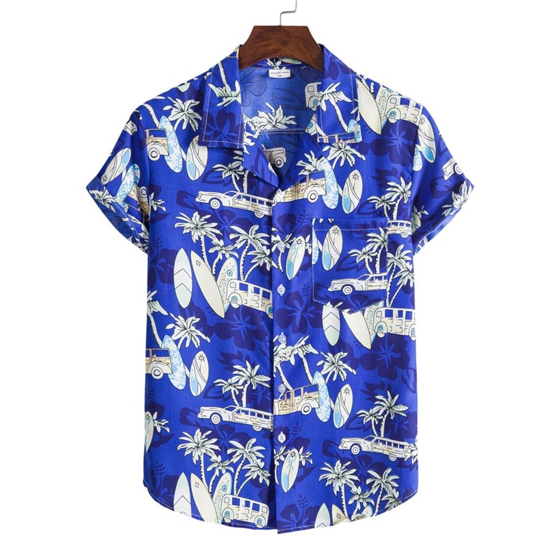 

Guys Coconut Tree Print Button Front Pocket Shirt, Blue