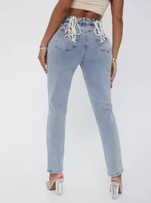 SHEIN SXY Eyelet Lace Up Knot Mom Jeans - Light Wash - View 1