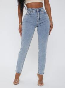 SHEIN SXY Eyelet Lace Up Knot Mom Jeans - Light Wash - View 2