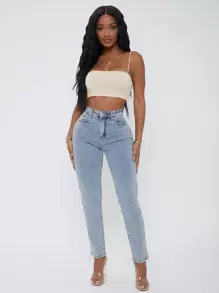 SHEIN SXY Eyelet Lace Up Knot Mom Jeans - Light Wash - View 3