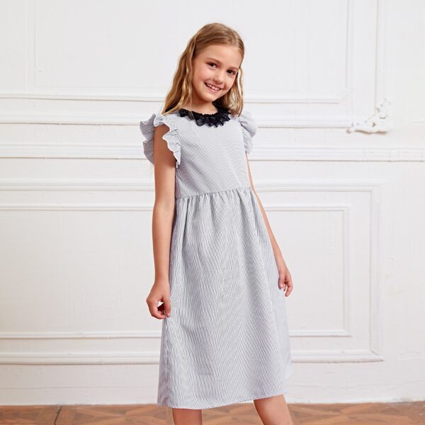 

Girls Striped Contrast Lace Dress, Black and white