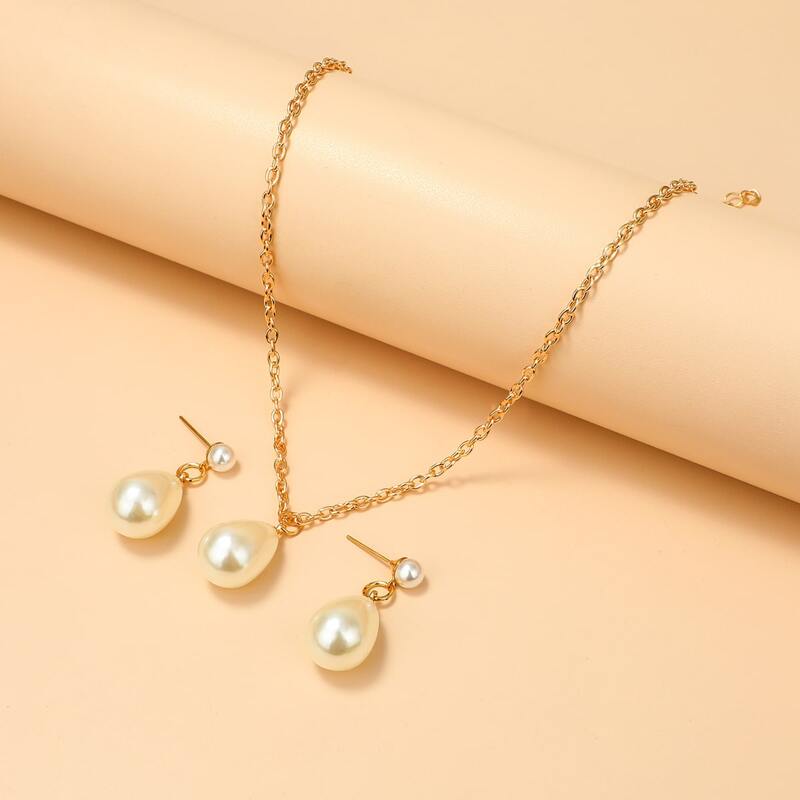 

3pcs Faux Pearl Earrings & Necklace, White