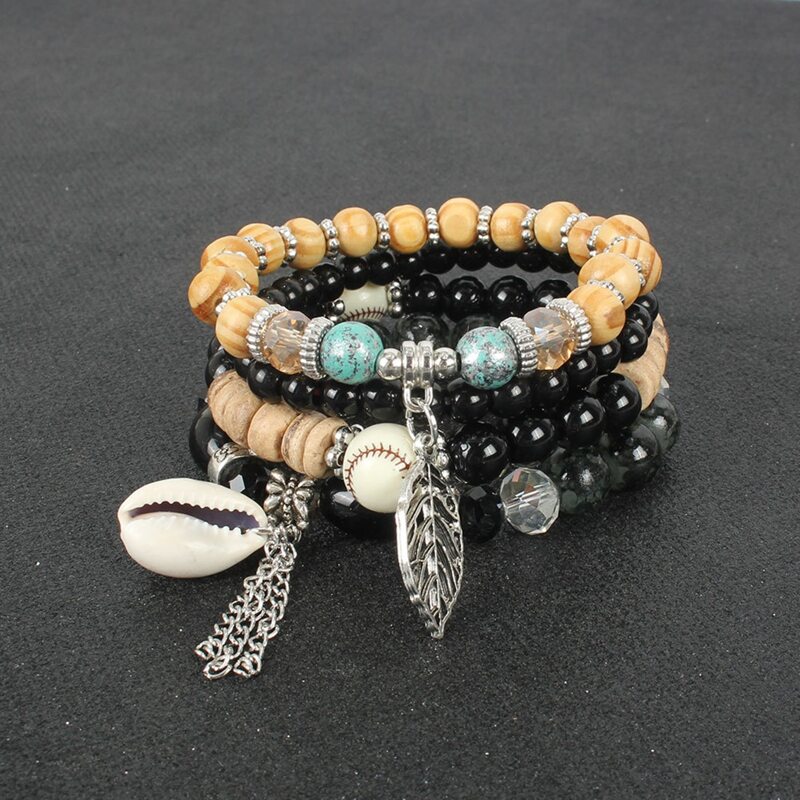 

Guys 4pcs Shell & Leaf Beaded Bracelet, Black