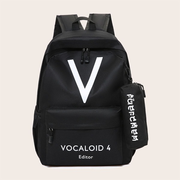 

Letter Graphic Backpack With Pencil Case, Black